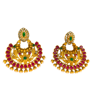 gold plated kundan chandbali earrings with emerald, ruby, pearl beads