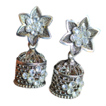 women's floral oxidised silver jhumka earrings with crystals