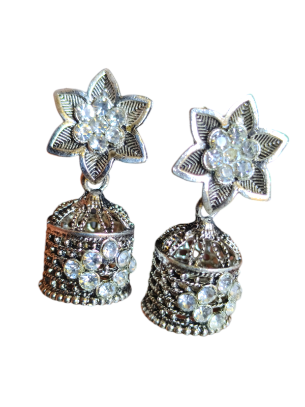 women's floral oxidised silver jhumka earrings with crystals